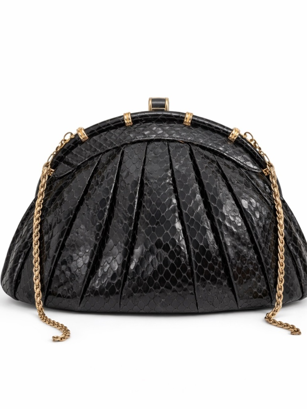 Vintage Black Snakeskin Clutch | Gold Chain Strap | 1980s Glam - Picture 2 of 13